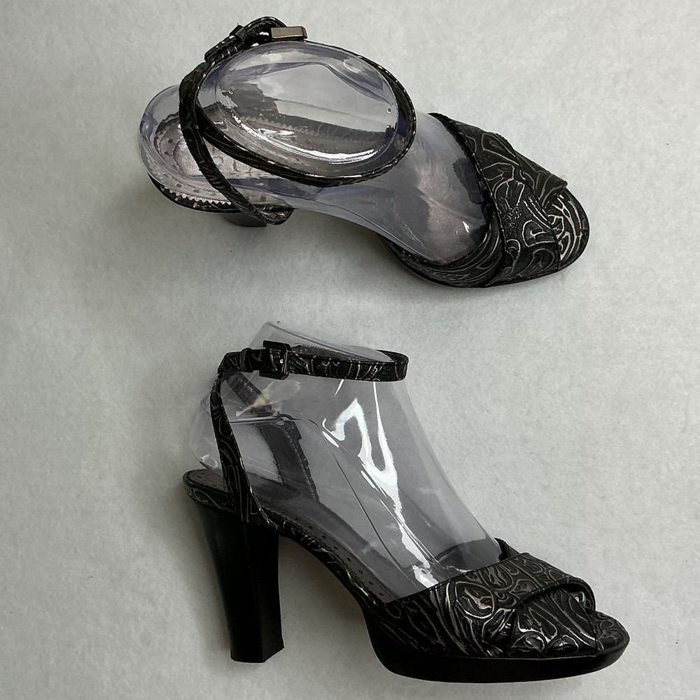 Franco Sarto Black Silver Metallic Embossed‎ Platform Peep Toe Heels 6M